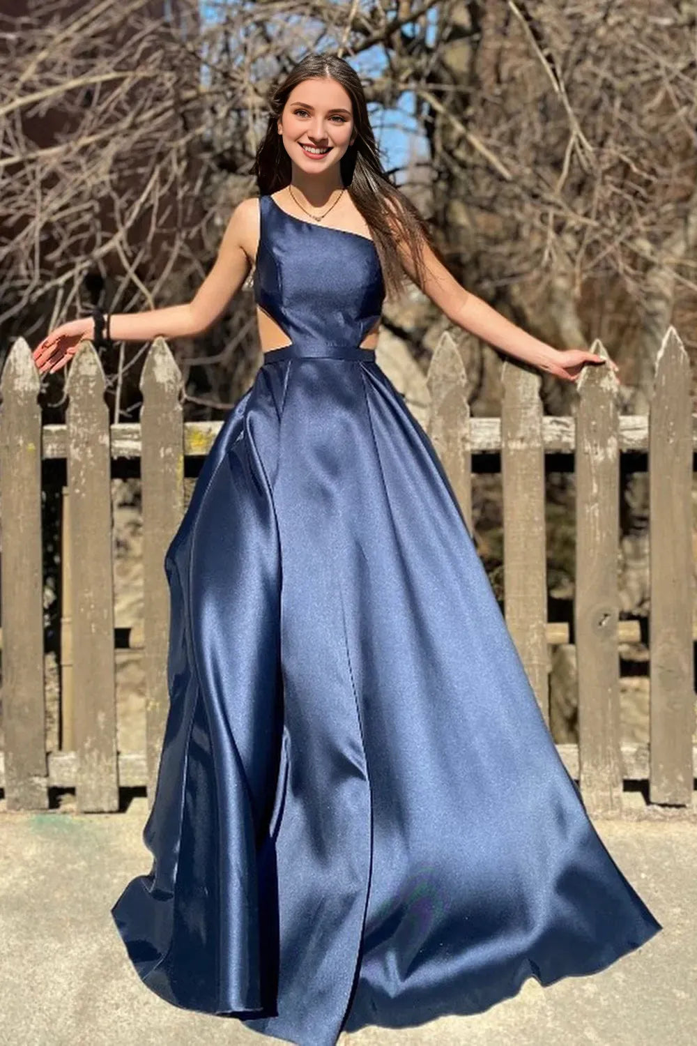 Cutout Waist Navy One Shoulder A-Line Floor Length Prom Dress