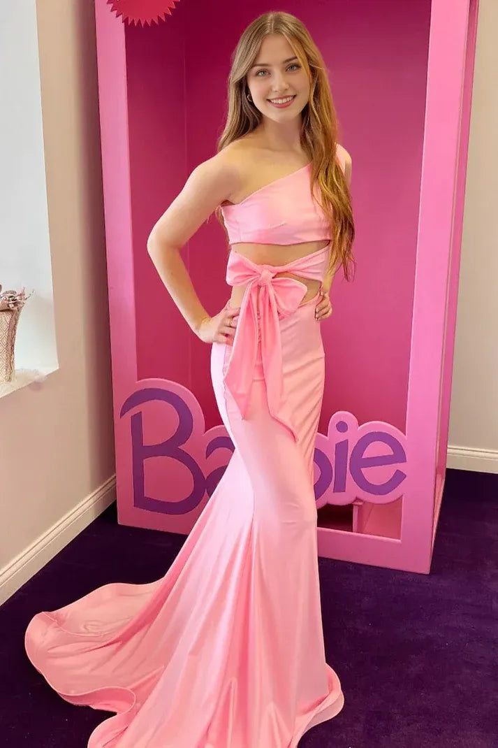 Cutout Waist Pink One-Shoulder Trumpet Long Prom Dresses With Train