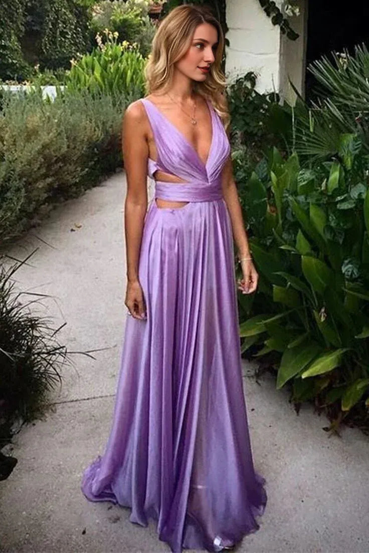 Cutout Waist Sleeveless Unique V Neck Backless Purple Long Prom Dresses