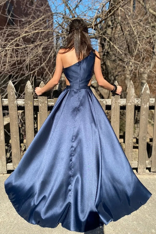 Cutout Waist Navy One Shoulder A-Line Floor Length Prom Dress