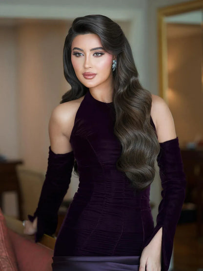 Dark Purple Halter Off Shoulder Velvet Satin Mermaid Formal Evening Gown
