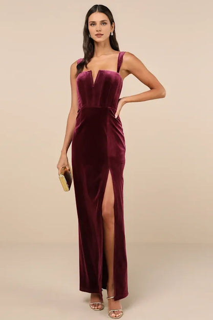 Formal Women's Dresses Pristine Luxury Dark Berry Velvet Bustier Maxi Dress In Prom Dress Shops