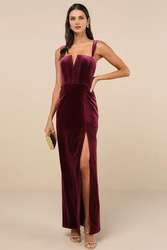 Formal Women's Dresses Pristine Luxury Dark Berry Velvet Bustier Maxi Dress In Prom Dress Shops