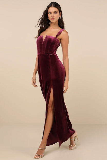 Formal Women's Dresses Pristine Luxury Dark Berry Velvet Bustier Maxi Dress In Prom Dress Shops