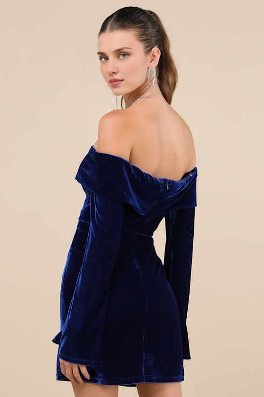 Formal Women's Dresses Alluring Glam Dark Blue Velvet Off-the-Shoulder Long Sleeves Mini Dress In Prom Dress Shops