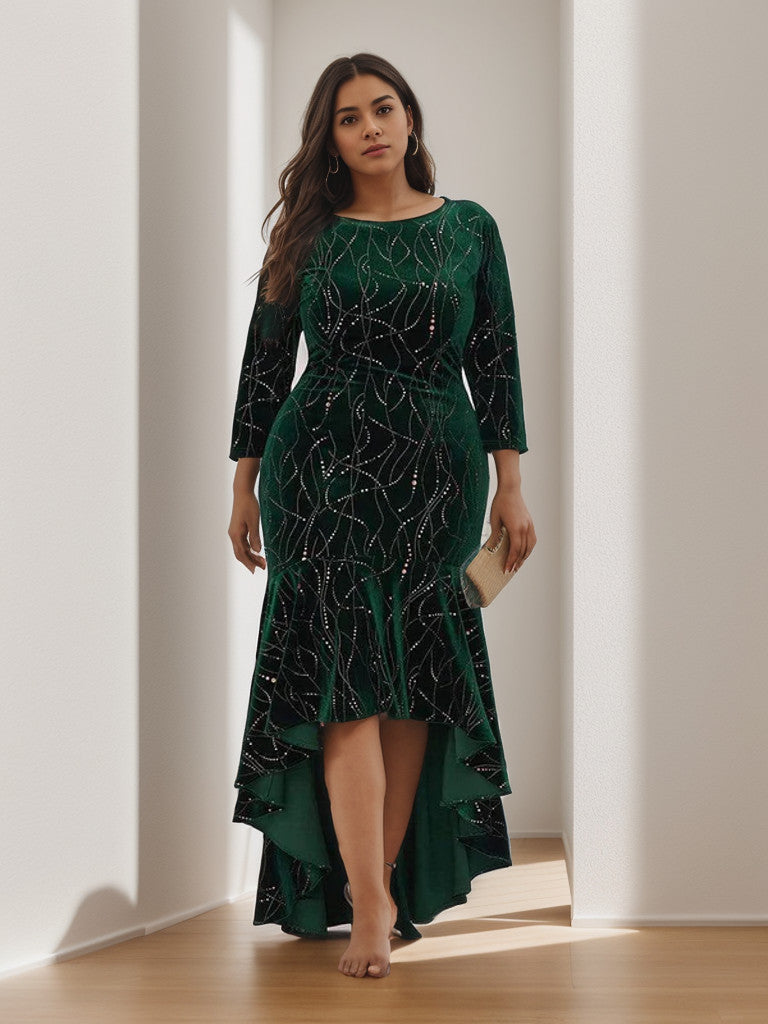 Elegant Plus Size Bodycon High-Low Formal Velvet Party Dress