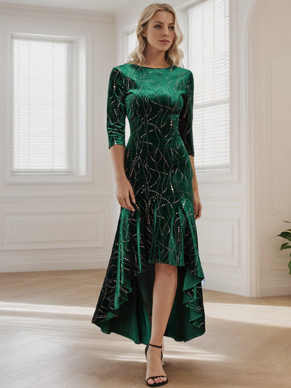 Women's Stylish Bodycon High-Low Velvet Party Dress