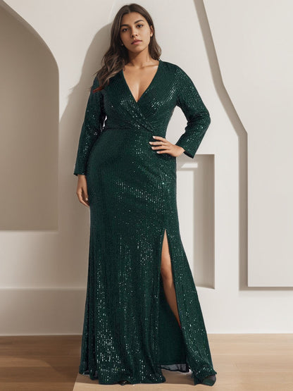 Plus Size Sexy Deep V-Neck Sequin Bodice Formal Evening Gowns