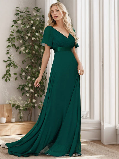 Long Chiffon Empire Waist Bridesmaid Dress with Short Flutter Sleeves