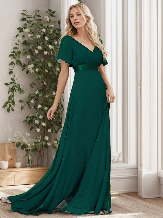Long Chiffon Empire Waist Bridesmaid Dress with Short Flutter Sleeves