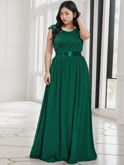Plus Size Classic Round Neck V Back A-Line Chiffon Bridesmaid Dresses with Lace