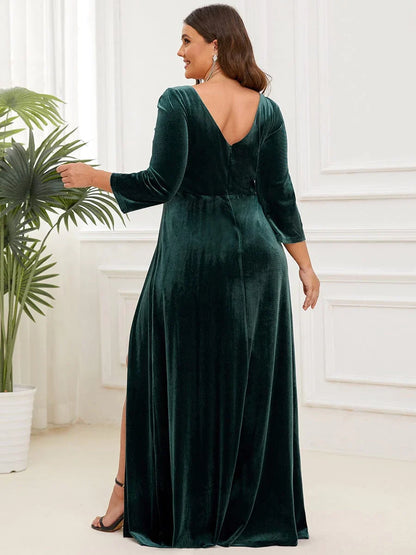Plus Size Velvet Plunging V-Neck Front Slit 34 Sleeve Evening Dress