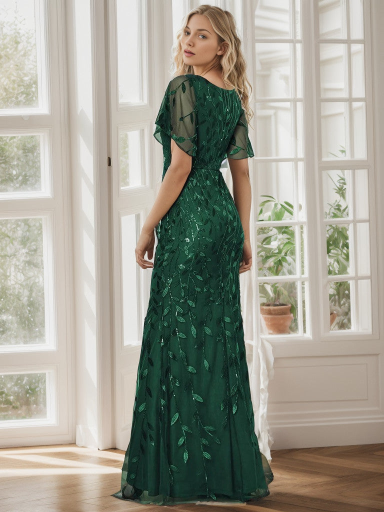 Shiny V Neck Leaf-Sequined Bodycon Formal Evening Dresses