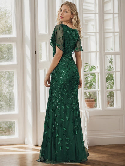 Shiny V Neck Leaf-Sequined Bodycon Formal Evening Dresses