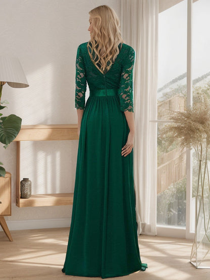 See-Through Floor Length Lace Chiffon Evening Dress with Half Sleeve