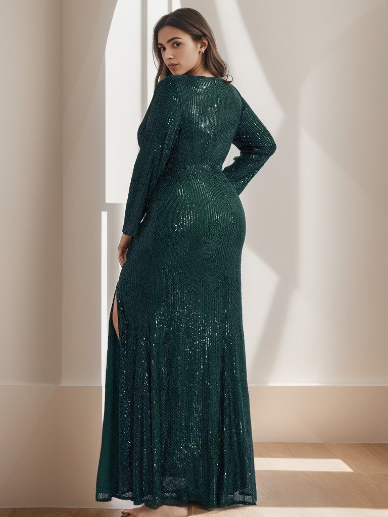 Plus Size Sexy Deep V-Neck Sequin Bodice Formal Evening Gowns