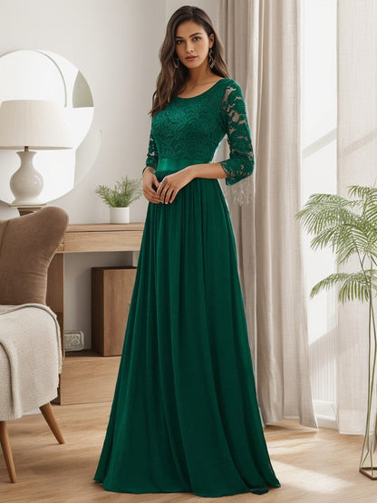 See-Through Floor Length Lace Chiffon Evening Dress with Half Sleeve