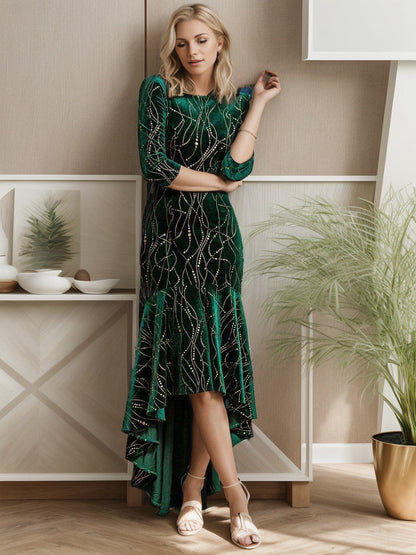 Women's Stylish Bodycon High-Low Velvet Party Dress