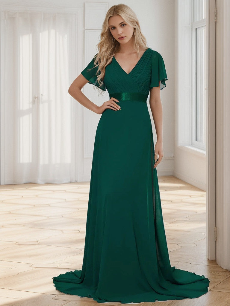 Long Chiffon Empire Waist Bridesmaid Dress with Short Flutter Sleeves