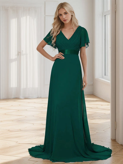 Long Chiffon Empire Waist Bridesmaid Dress with Short Flutter Sleeves