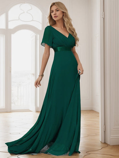 Long Chiffon Empire Waist Bridesmaid Dress with Short Flutter Sleeves