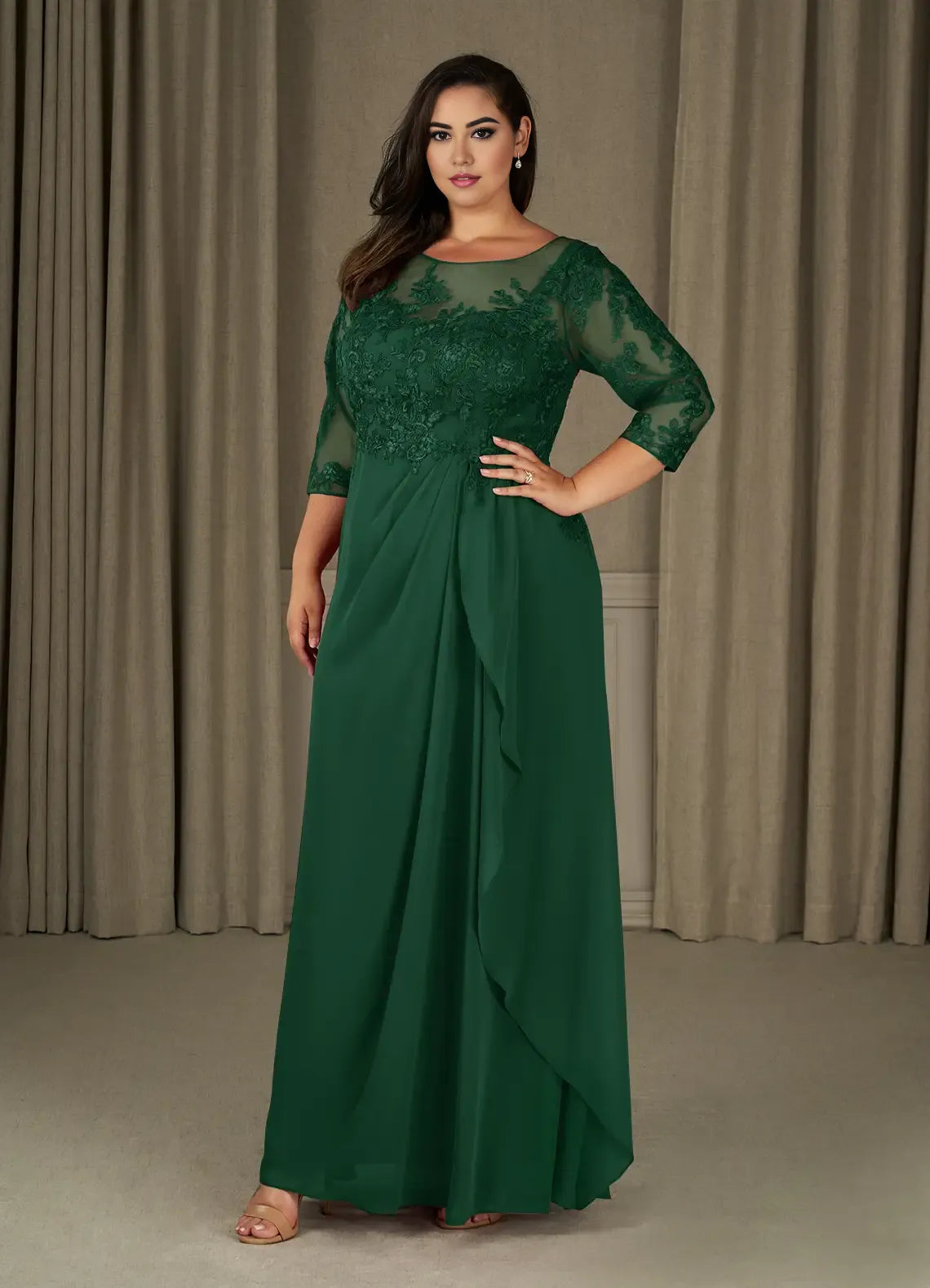 Dress Champagne A-Line Scoop Chiffon Mother Of The Bride Evening Dress Elegant Ruffle Three-Quarter Sleeve V Back Plus Size Mother Of The Bride Dress