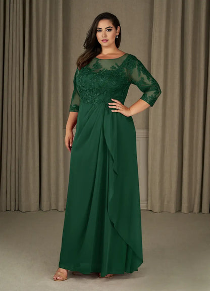 Dress Champagne A-Line Scoop Chiffon Mother Of The Bride Evening Dress Elegant Ruffle Three-Quarter Sleeve V Back Plus Size Mother Of The Bride Dress