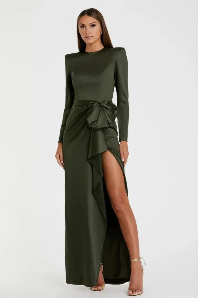 Simple A-Line Round Neck Long Sleeve Zipper Up Floor-Length Prom Dress