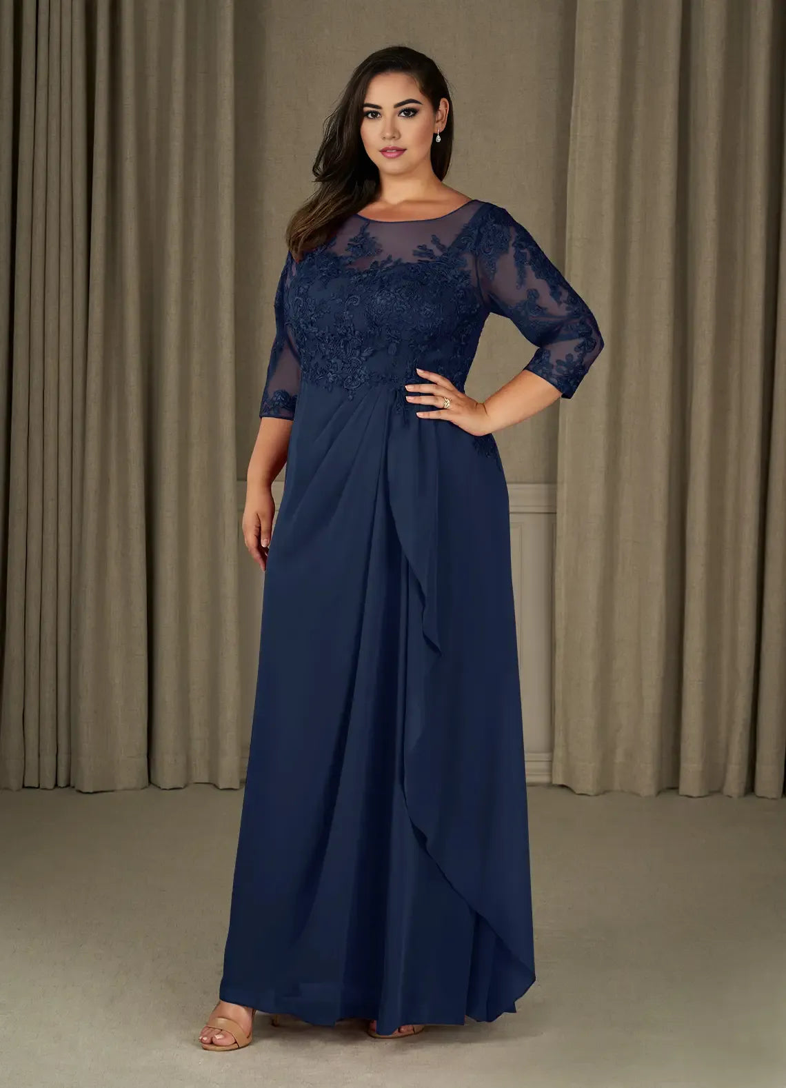 Dress Champagne A-Line Scoop Chiffon Mother Of The Bride Evening Dress Elegant Ruffle Three-Quarter Sleeve V Back Plus Size Mother Of The Bride Dress