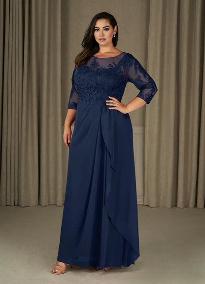 Dress Champagne A-Line Scoop Chiffon Mother Of The Bride Evening Dress Elegant Ruffle Three-Quarter Sleeve V Back Plus Size Mother Of The Bride Dress