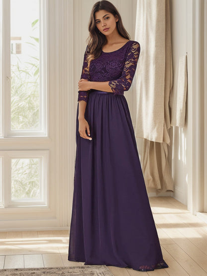 See-Through Floor Length Lace Chiffon Evening Dress with Half Sleeve