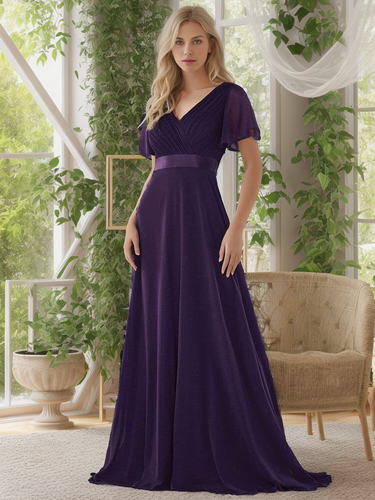 Long Chiffon Empire Waist Bridesmaid Dress with Short Flutter Sleeves