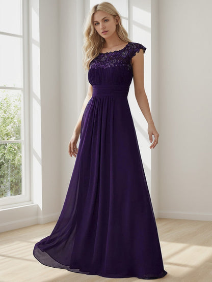 Classic Maxi Long Lace Cap Sleeve Bridesmaid Dress