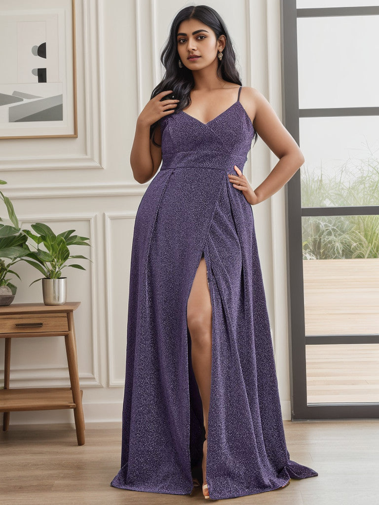 Plus Size Spaghetti Strap Shiny Formal Evening Dress for Wedding