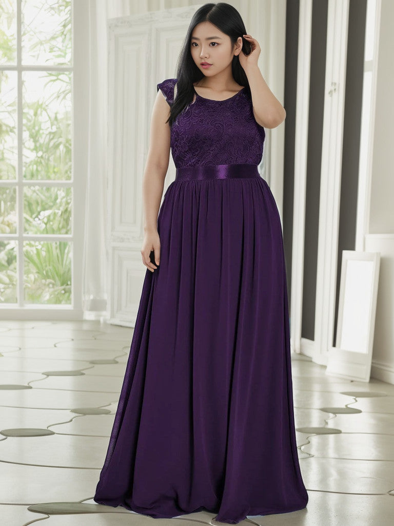 Plus Size Classic Round Neck V Back A-Line Chiffon Bridesmaid Dresses with Lace
