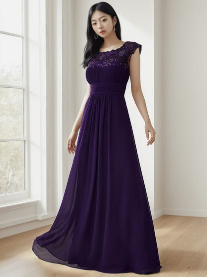Maxi Lace Cap Sleeve Long Formal Evening Dress