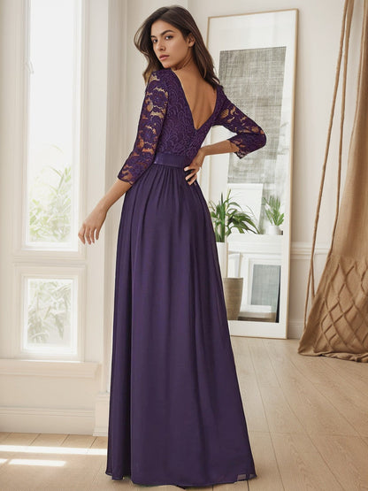 See-Through Floor Length Lace Chiffon Evening Dress with Half Sleeve