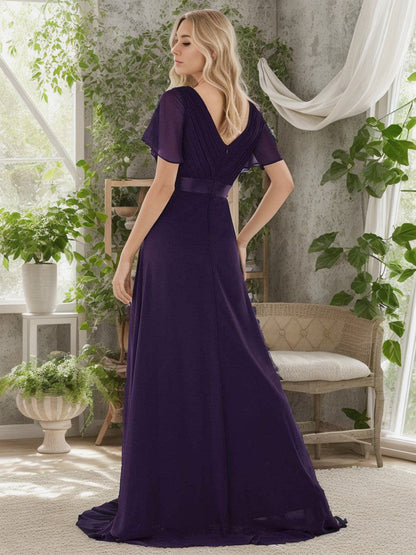 Long Chiffon Empire Waist Bridesmaid Dress with Short Flutter Sleeves