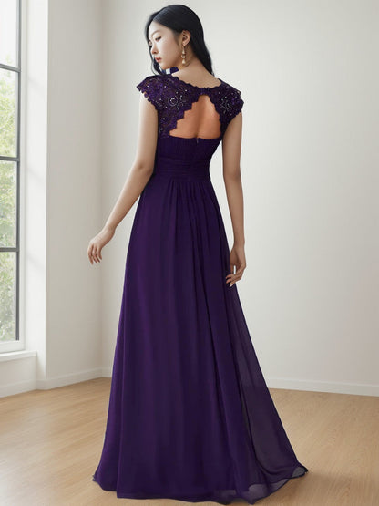Maxi Lace Cap Sleeve Long Formal Evening Dress