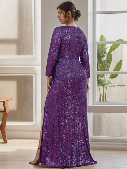 Plus Size Sexy Deep V-Neck Sequin Bodice Formal Evening Gowns