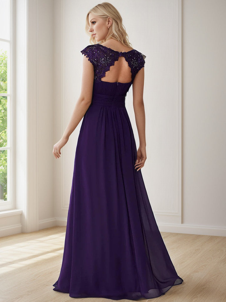 Classic Maxi Long Lace Cap Sleeve Bridesmaid Dress