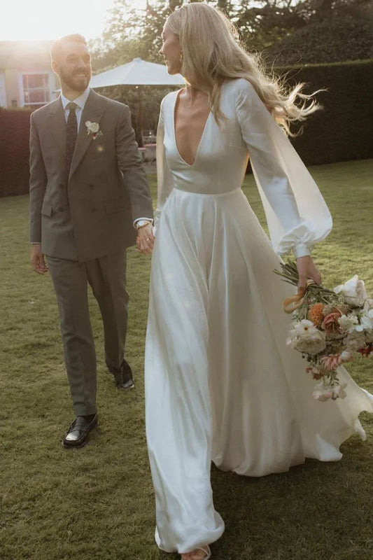 Deep V Neck Backless A-Line Long Sleeves Satin Wedding Dresses With Train