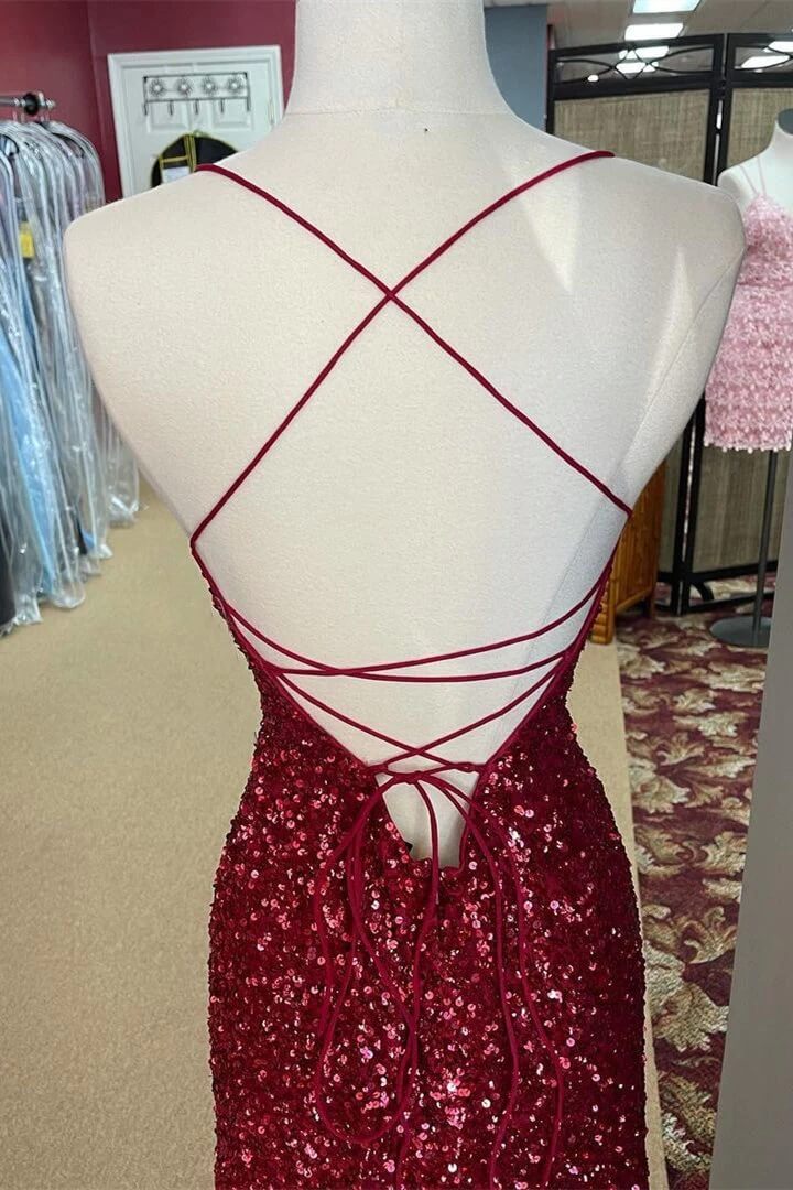 Deep V Neck Backless Burgundy Tight Homecoming Dress Short Sequined ﻿