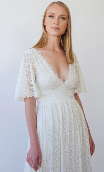 Deep V Neck Butterfly Sleeves Ivory Bohemian Empire Lace Wedding Dress With Open back
