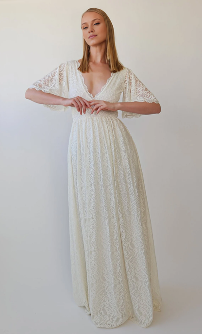 Deep V Neck Butterfly Sleeves Ivory Bohemian Empire Lace Wedding Dress With Open back
