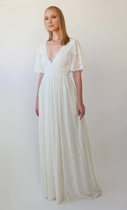 Deep V Neck Butterfly Sleeves Ivory Bohemian Empire Lace Wedding Dress With Open back