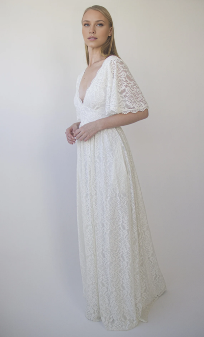 Deep V Neck Butterfly Sleeves Ivory Bohemian Empire Lace Wedding Dress With Open back