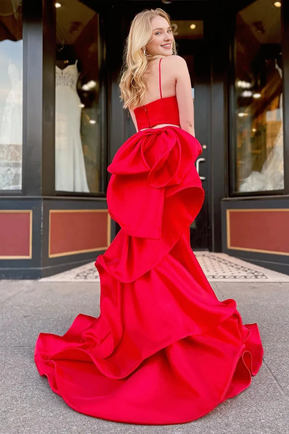 Deep V Neck Cutout Waist Mermaid Red Two Pieces Spaghetti Straps Prom Dress