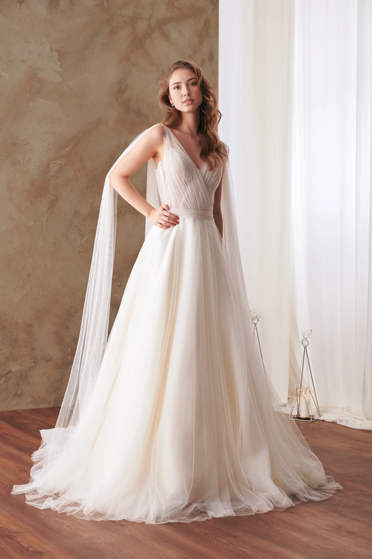 Deep V Neck Fairy Flutter Sleeve Bridal Gown Tulle Sleeveless A-line Lace Ivory Bridal Gown Hellenistic Bridal Gown