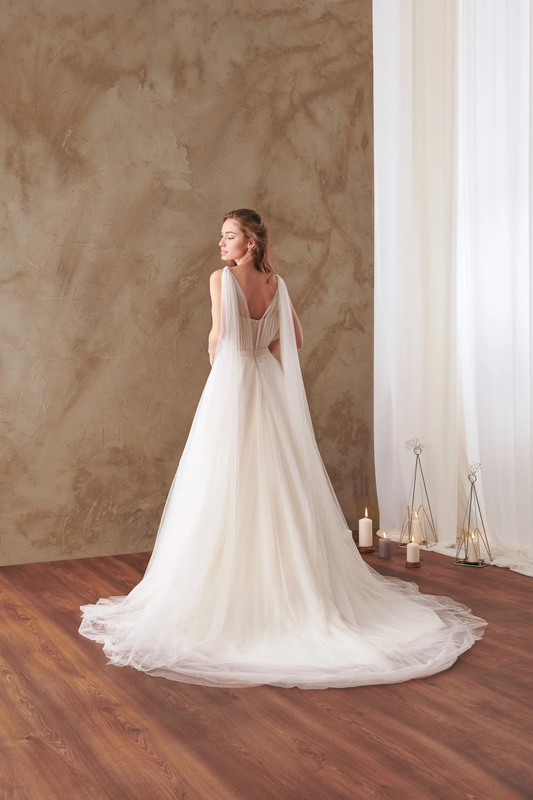 Deep V Neck Fairy Flutter Sleeve Bridal Gown Tulle Sleeveless A-line Lace Ivory Bridal Gown Hellenistic Bridal Gown